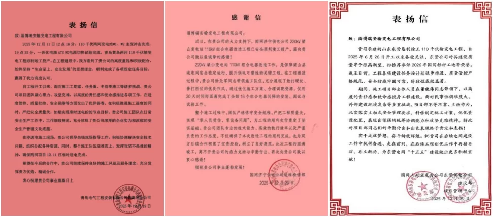 瑞安公司：匠心履约，载誉前行！公司收到三封表扬信